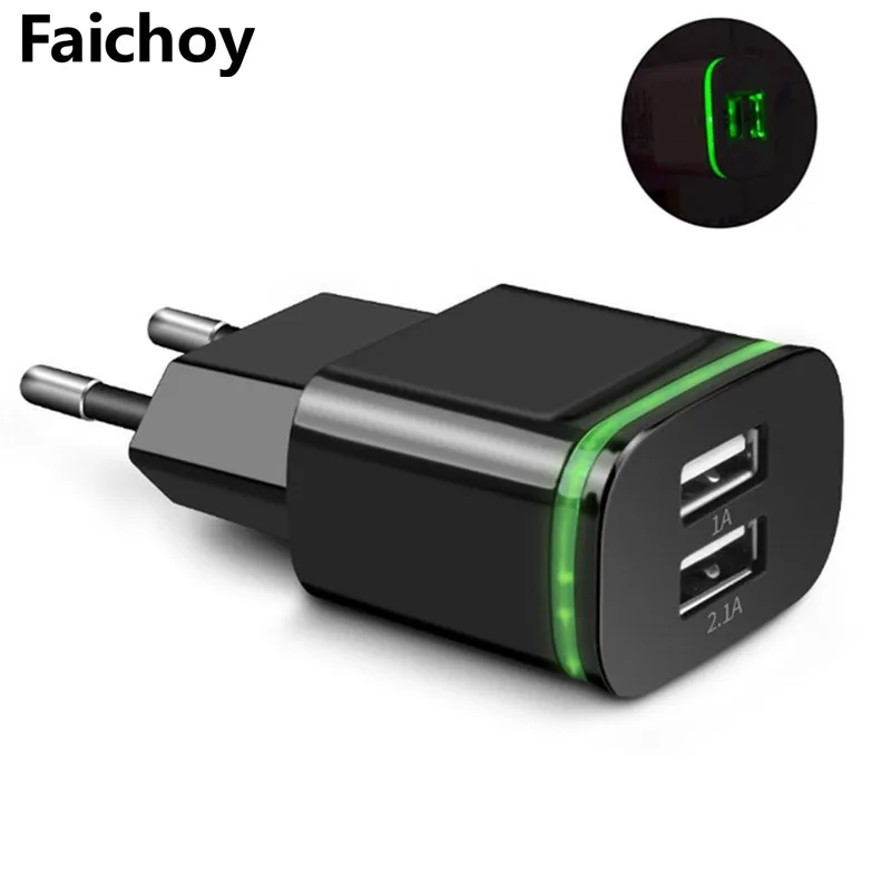 

5V/2.1A EU/US Plug LED Light 2 USB Ports Adapter Mobile Phone Fast Wall Charger Device Micro USB Cable Charging For Smart Device