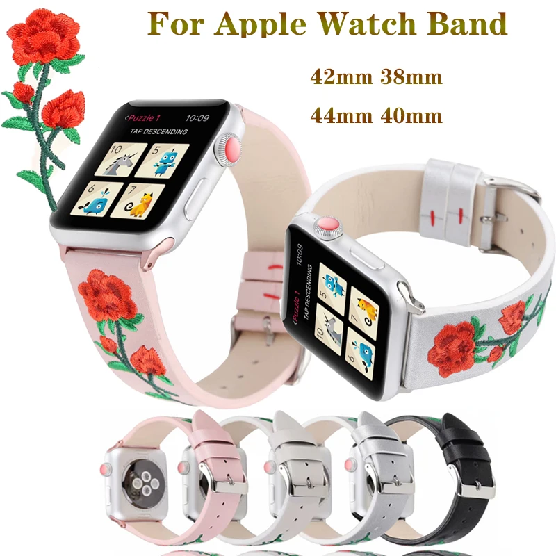 

Leather embroidery Rose Bracelet strap for apple watchband 4 44/40mm men/women watch accessories for iwatch Series 3 2 1 42/38mm