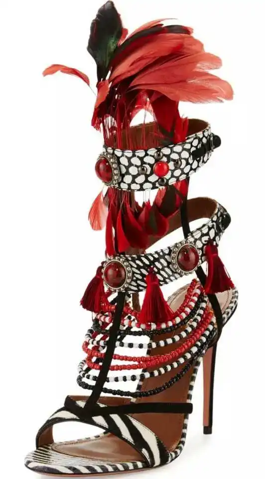 

brand design T-station shoes women mixed colors feather high heels sandals crystal decor summer dress shoes string bead pumps