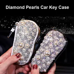 Роскошный Алмазный жемчуг Автомобильный ключ чехол из натуральной кожи Стразы универсальный размер ключ оболочка для Mercedes Benz BMW Audi hyundai