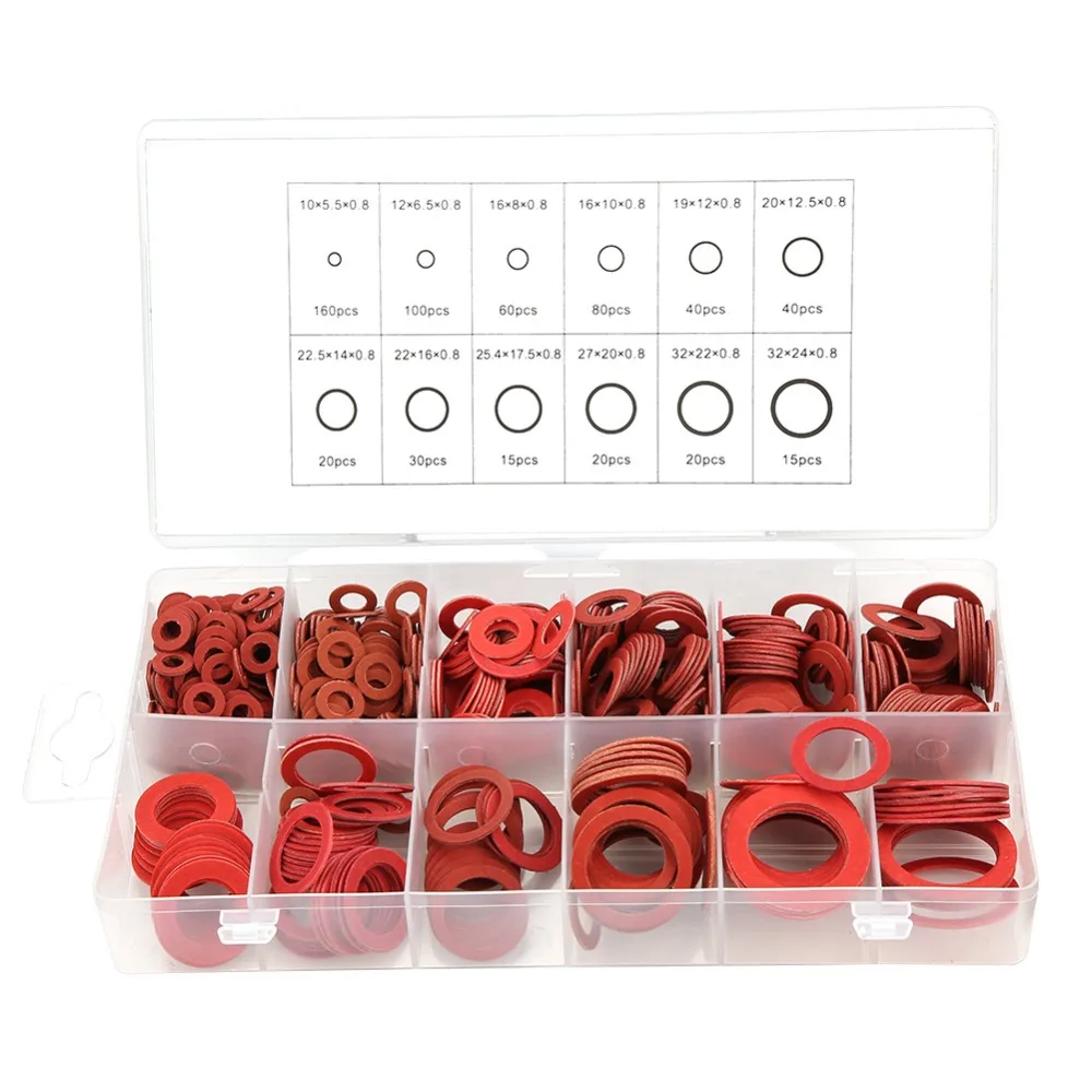 

600pcs 12 Sizes Red Steel Paper Fiber Flat Washers Kit Insulation Washer Assorted Set with Box