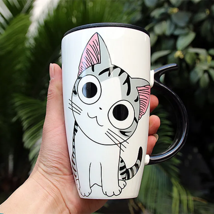 Милая кошка керамическая кружка с крышкой мультфильм молоко кофе чай чашки животных керамические кружки детский подарок большой емкости 600 мл