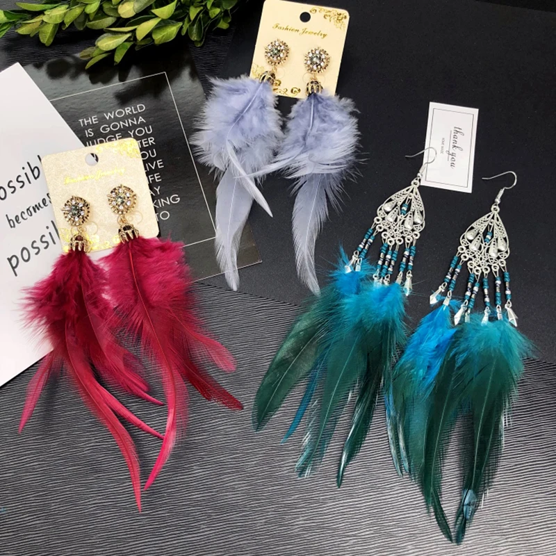 

2019 Europe Vintage Bohemia Feather Earrings Long Tassel Dangle Earrings Women Fashion Vacation Beach Luxury Jewelry Accessories