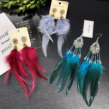 

2019 Europe Vintage Bohemia Feather Earrings Long Tassel Dangle Earrings Women Fashion Vacation Beach Luxury Jewelry Accessories