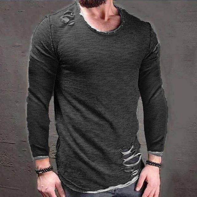 2018 Ripped men t shirt Streetwear t shirt men long sleeve tshirt men ...