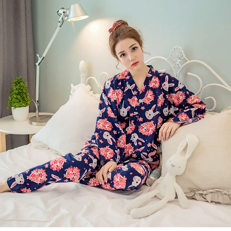 Японская вишня милый кролик пижамы набор кимоно костюм спортивный костюм хлопок марля халат топ брюки для женщин пижамы