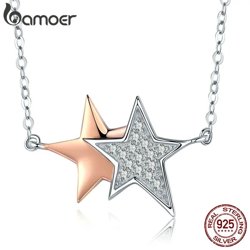 

BAMOER Authentic 925 Sterling Silver Luminous CZ Double Star Pendant Necklaces Women Sterling Silver Jewelry Gift S925 SCN270