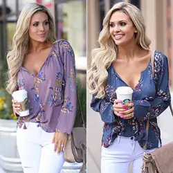 2018 женские v-образным вырезом Топы Свободные рубашка с длинными рукавами Повседневная Блузка Цветочные футболки Повседневное шифон