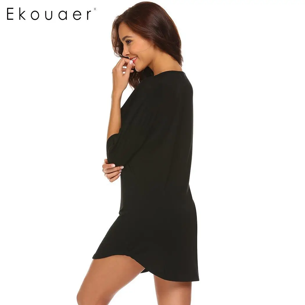 Ekouaer, мягкая женская сексуальная ночная рубашка с v-образным вырезом, с рукавом до локтя, на пуговицах, с карманом, ночная рубашка, летняя ночная рубашка, Женская домашняя одежда