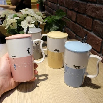 

Cute animals cats small fish ceramic cups students covered with spoons office tea Mark cup