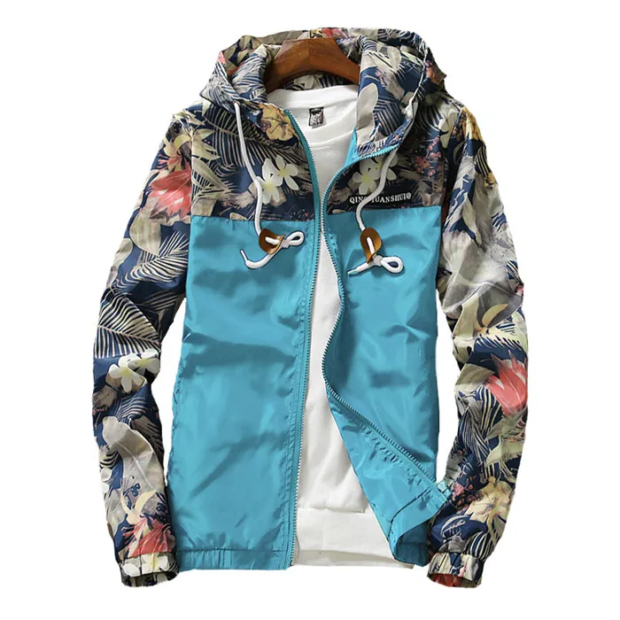 Куртка-бомбер с цветочным рисунком, осень, мужские куртки с капюшоном, приталенная Мужская ветровка, брендовая одежда, верхняя одежда на молнии - Цвет: Sky blue