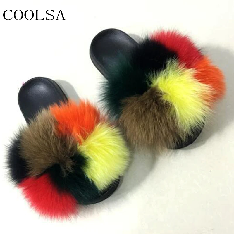 

COOLSA Winter Women's Plush Slippers Indoor Furry Home Shoes Warm Fox Fur Slippers For Women Slides Flip Flops Fluffy Sandals