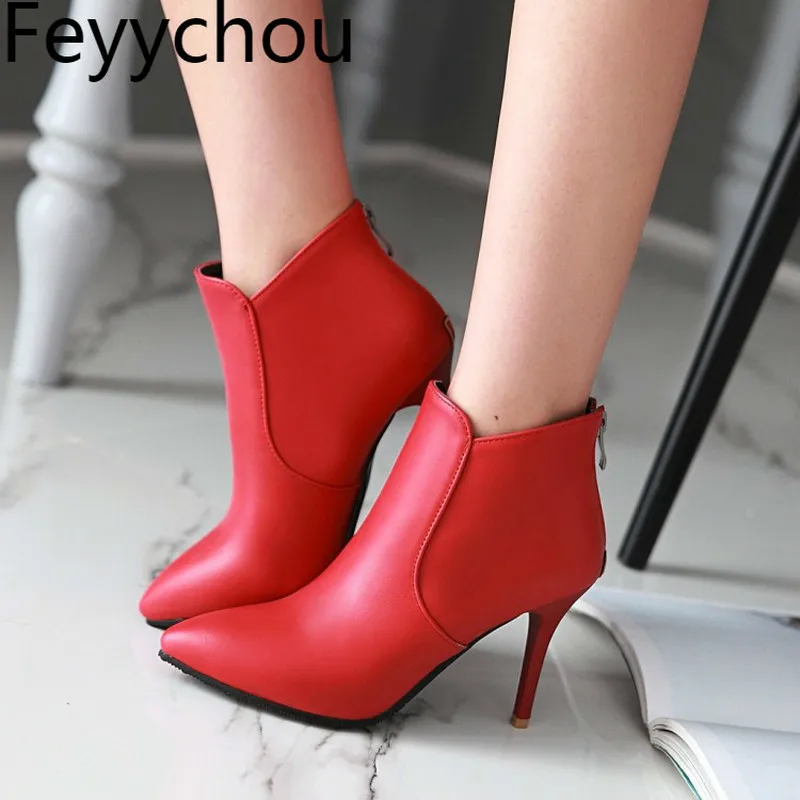 

Women Boots Autumn Winter Super High Heel Warm Pu Zip Pointed Toe Ankle Basic Chelsea Shoes 2018 New Sexy Fashion Black White
