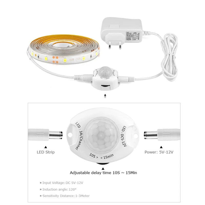 12В светильник для шкафа с ночным датчиком 1 м 2 м 3 м 4 м 5 м датчик движения светодиодная лента для спальни шкаф лестницы шкаф лампа 220в-220в источник питания