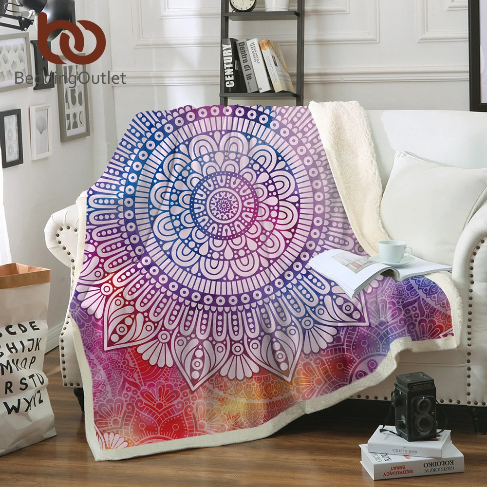 

BeddingOutlet Mandala Flower Throw Blanket Bohemian Girly Bedspread Colorful Sherpa Plush Bed Blanket Floral Blue Bedding