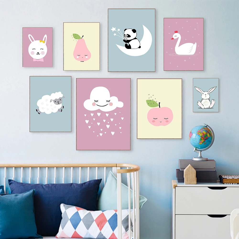 Modern-Nordic-Kawaii-Bear-Hippo-Bird-Animal-Art-Prints-Poster-Cartoon-Wall-Pictures-Canvas-Painting-For