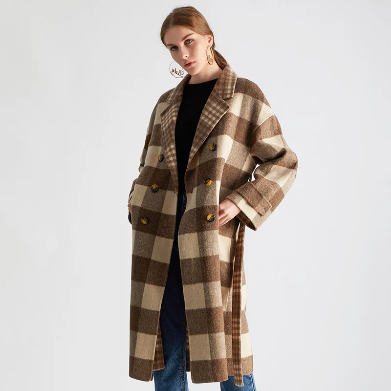 

Shuchan Wool Blend Womens Coats Autumn Winter 2019 New Items Plaid Adjustable Waist Double Breasted Wide-waisted Long Coat Women