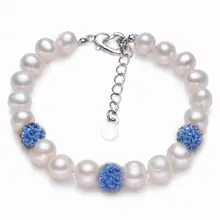 8 мм натуральный пресноводный жемчуг браслет для женщин Блестящий синий блестящий мяч браслет Роскошный яркий белый цвета