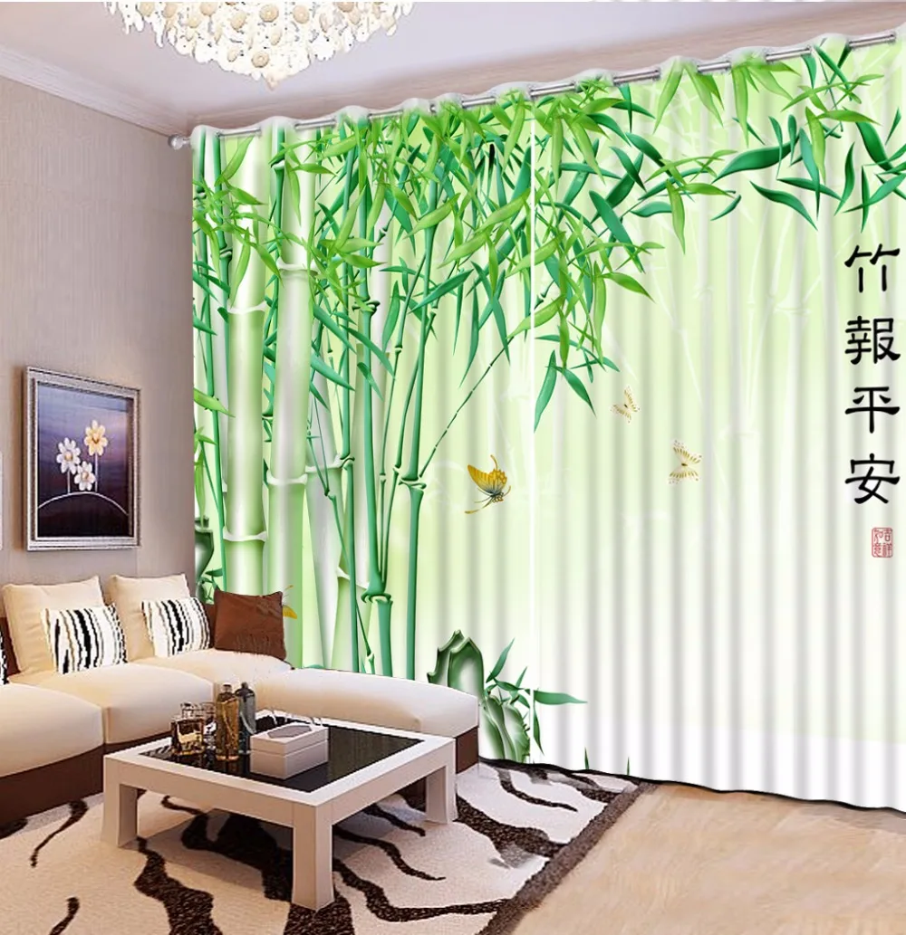 Modern Bamboo Curtains Blackout Bedroom Living Room Curtains For Hotel Home Wall Window Decoration Green Drapes
