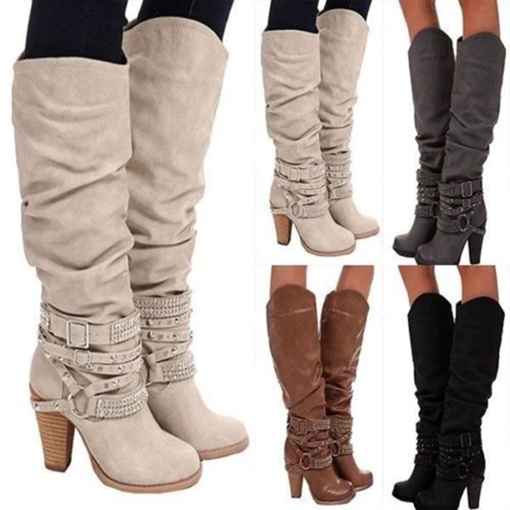 

Aiyoway Women Ladies Round Toe Block Heel Knee Boots Winter Party Dress Boots Zip Up Ankle Crystal & Studs Decorated Beige Black
