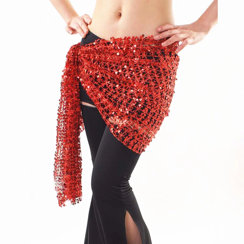 Belly Dance Hip Scarf Women Dance Clothes Accessories Stretchy Crochet Net Belt Flower Sequins lace-up