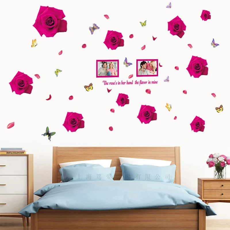 Love Photo Frame Roses Flower Wall Stickers Vinyl DIY Red Rose Wall