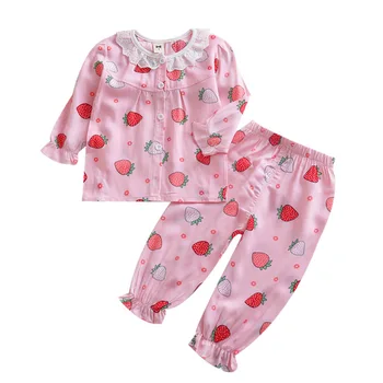 

hot sale cotton strawberry print baby girls fall fashion kids pajamas set