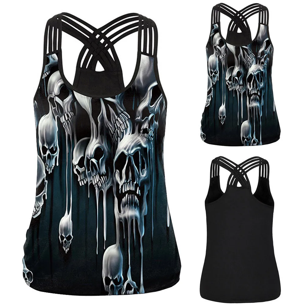 

2019 New Arrival Summer Tops Women Sleeveless V Neck Bandage Street Print Wild Camis Clothes T-shirt Camiseta Mujer Muscle Shirt