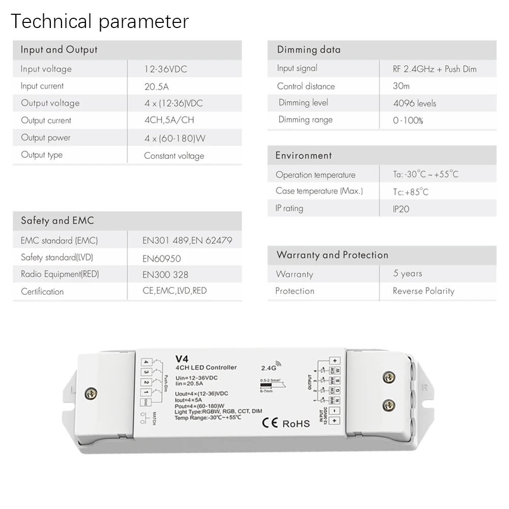 Светодиодный затемнитель 12V 4x5A 20A выход приемник Цифровой индикатор V4 с RS6 беспроводной Радиочастотный пульт 4 канала тусклый отдельно диммер