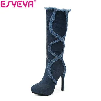 

ESVEVA 2019 Platform Women Boots Knee-high Boots Denim Thin High Heels Pointed Toe Winter Shoes Elegant Long Shoes Woman 34-43