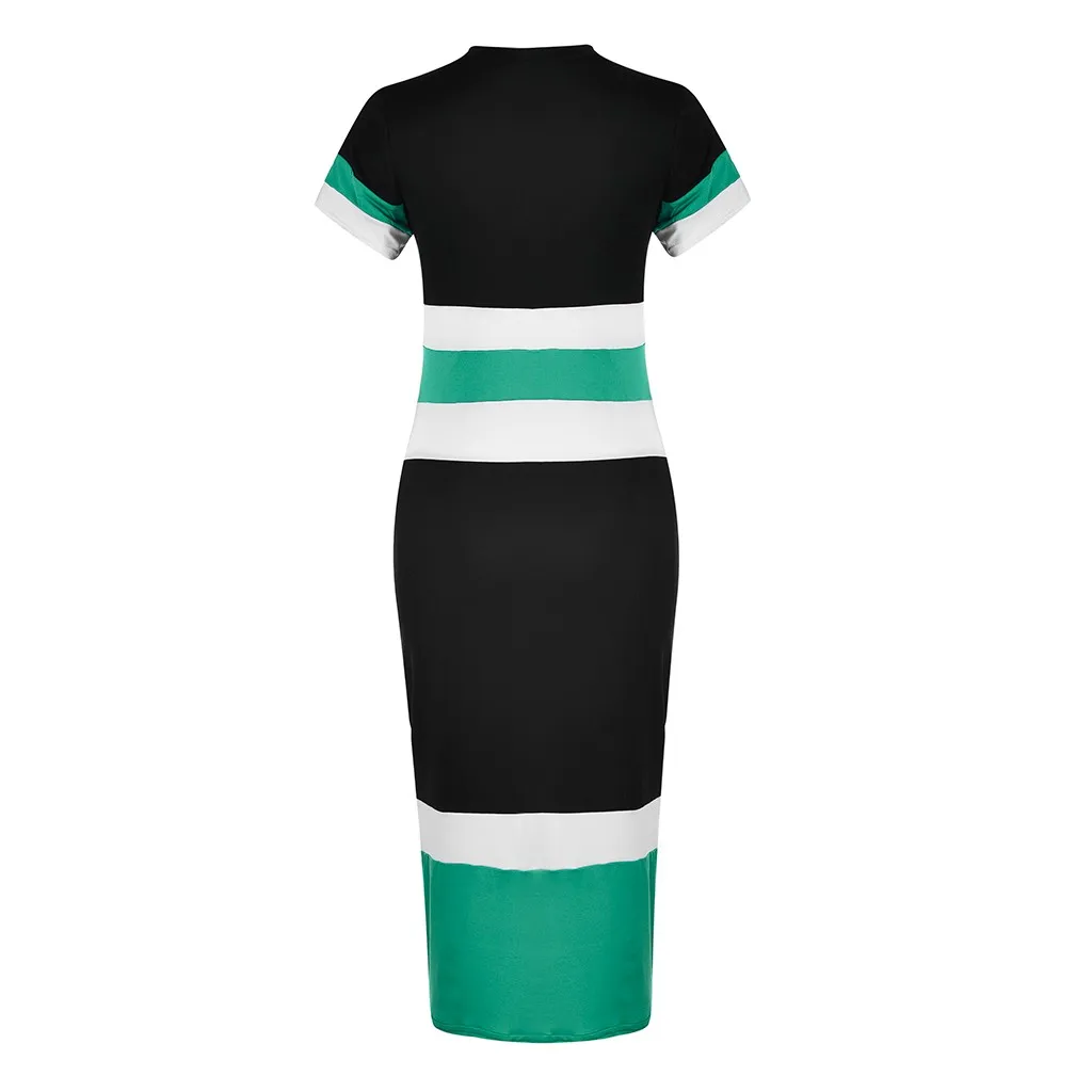 Женское Повседневное платье с геометрическим принтом, о-образный вырез, короткий рукав, длинное летнее платье, женское платье#5 - Цвет: Green