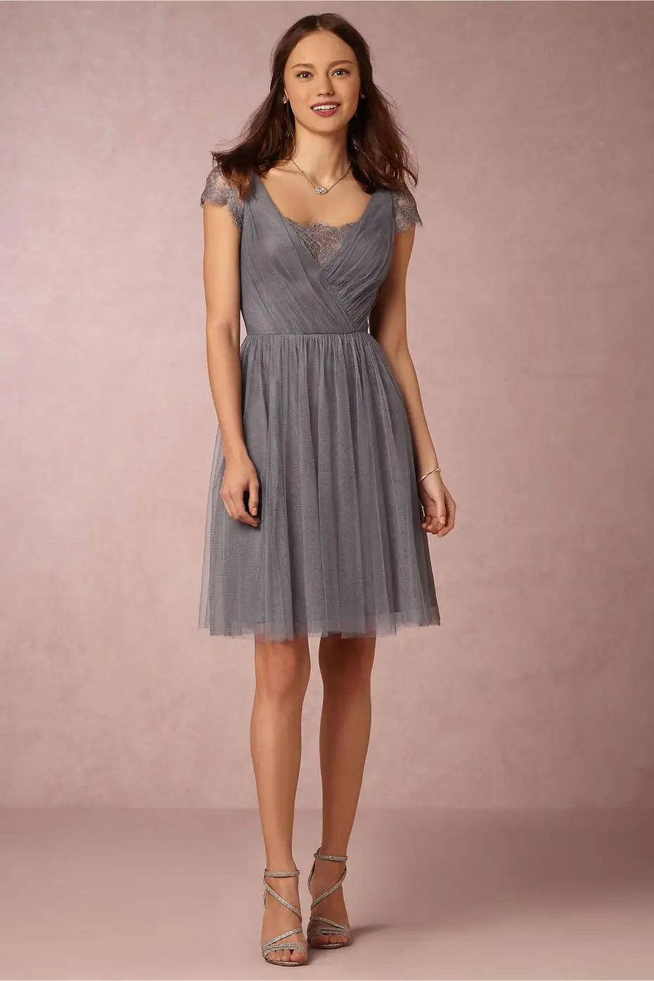 Wedding Grey Bridesmaid Dress popular grey bridesmaid dress buy cheap lots tea length dresses with short sleeves v neck chiffon ruffles lace silver dress