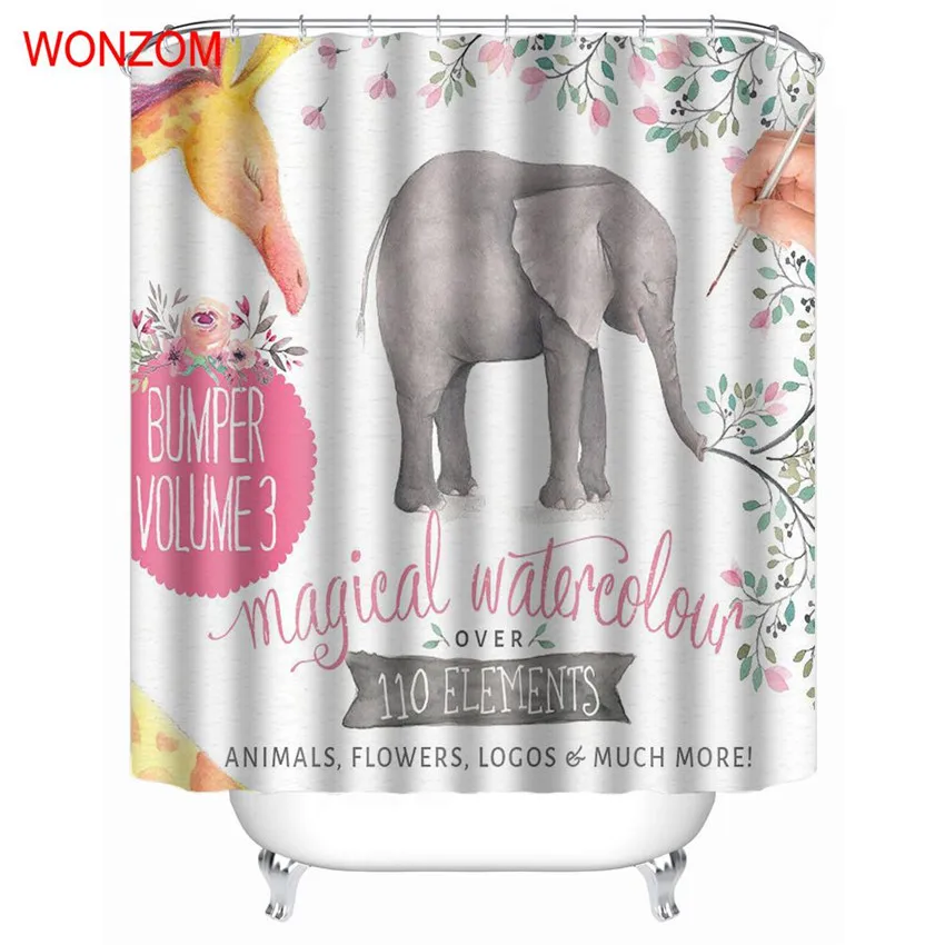 

WONZOM Modern Shower Curtains with 12 Hooks Elephant Waterproof Curtain For Mildewproof 2017 Animal Bathroom Decor Gift