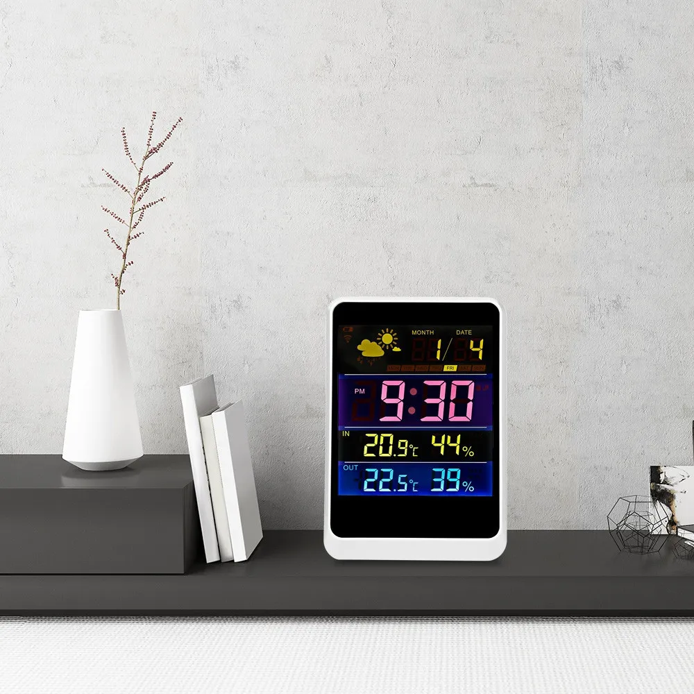 

Home Wireless Weather Station Colorful LCD Digital In/Outdoor Temperature Humidity Snooze Alarm Clock Weather Forecast Meter