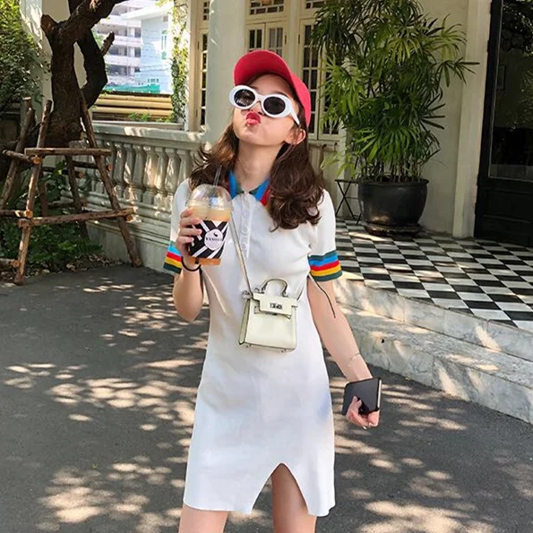 

Women White Dress Summer 2019 Korean Cute Rainbow Striped Turn Down Collar Short Sleeve Side Slit Bodycon Knit Mini Dress D242