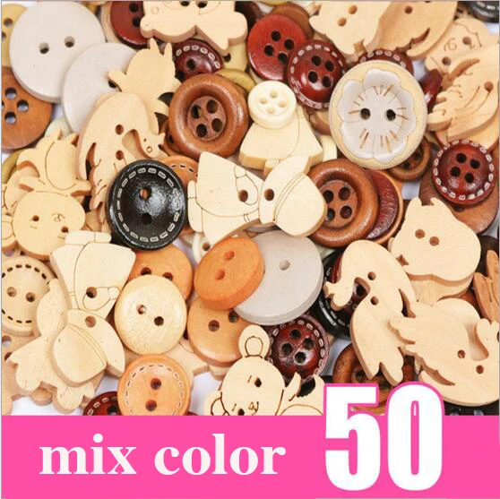 

Free Shipping-50 PCs Random Mixed Decorative Buttons Lovely Conveyance 2 Holes Mixed Sewing Wooden Buttons Flatblck S