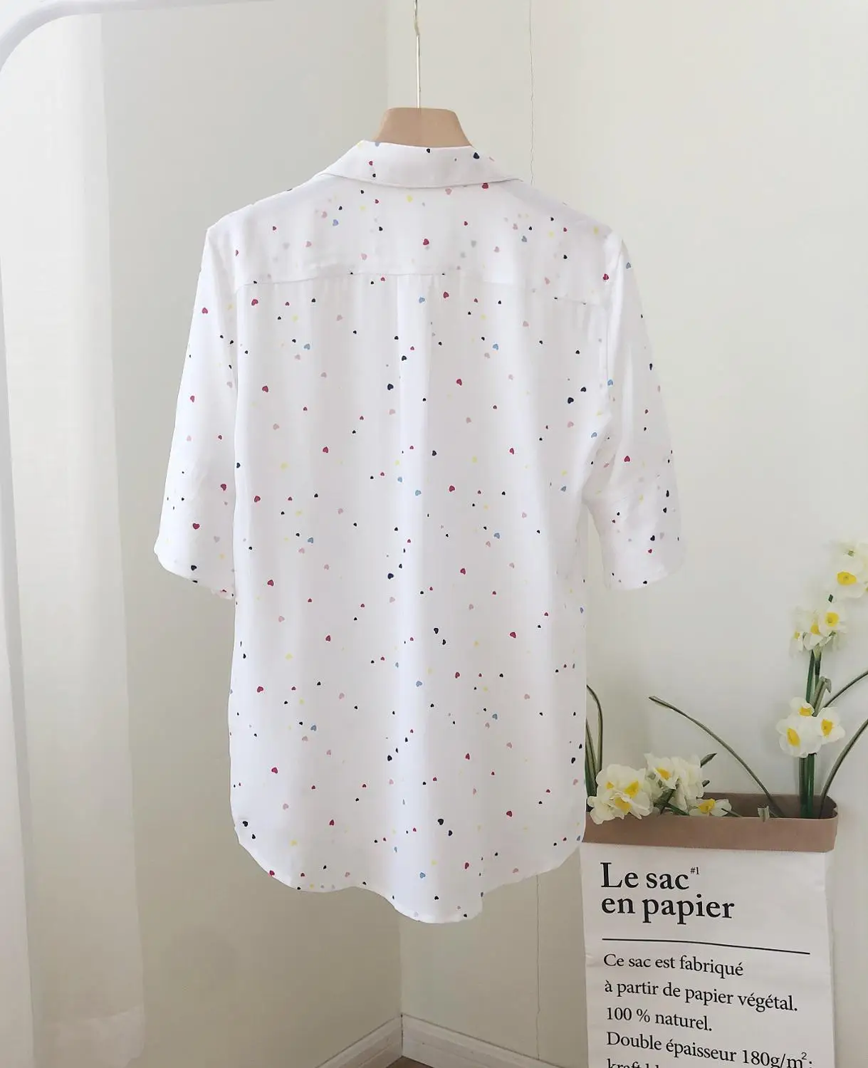

2019 New fresh sweet women Blouse shirt Hearts print Suit collar short-sleeved silk shirts ladies blouses and tops