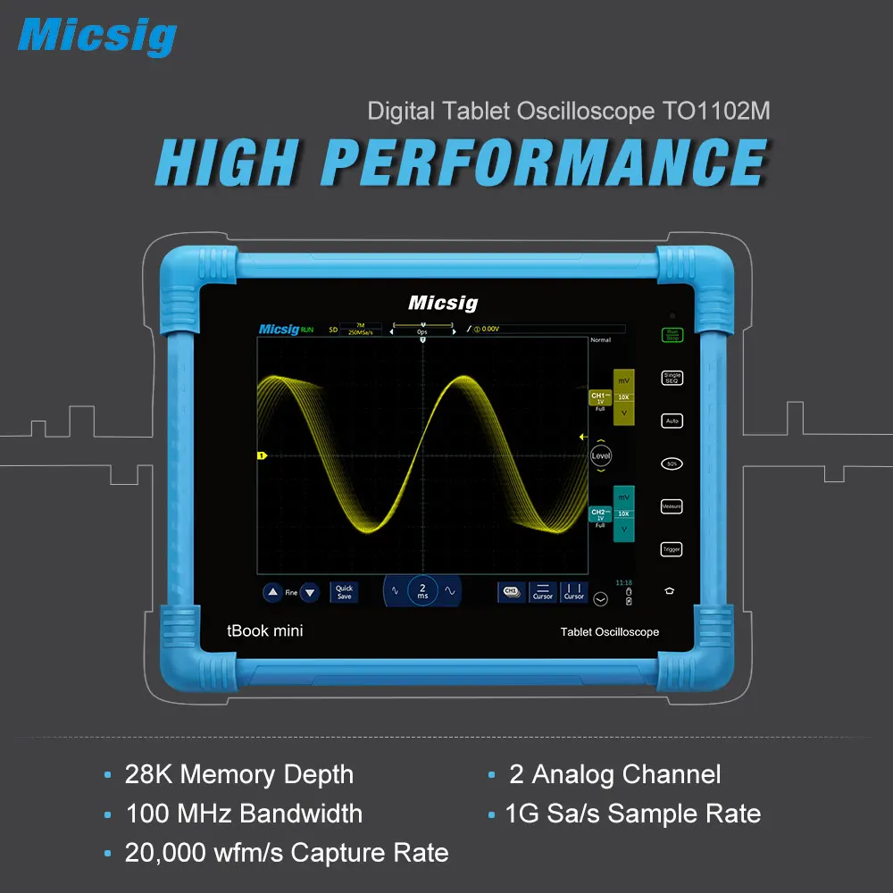 

Micsig Digital Tablet Oscilloscope 100MHz 2CH Handheld Portable Oscilloscope Automotive Scopemeter Storage Osciloscopio TO1102M