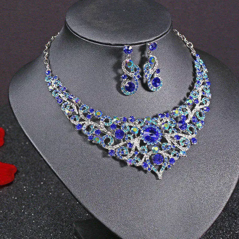 Silver Plated Celebrity Style Drop Crystal Necklace Earrings Set Silver Plated Celebrity Style Drop Crystal Necklace Earrings Set Bridal Bridesmaid Party Wedding Women Multi Color Jewelry Sets