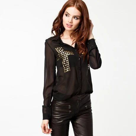 2014 Spring New Fashion Cross Pattern Rhinestones Chiffon Blouse Elegant Ladies' Full Sleeve Cotton Shirt XS-XXL |