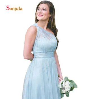 

One Shoulder Cheap Bridesmaid Dresses 2019 A-Line Pleats Long Wedding Guest Dresses Tulle brautjungfernkleid D409
