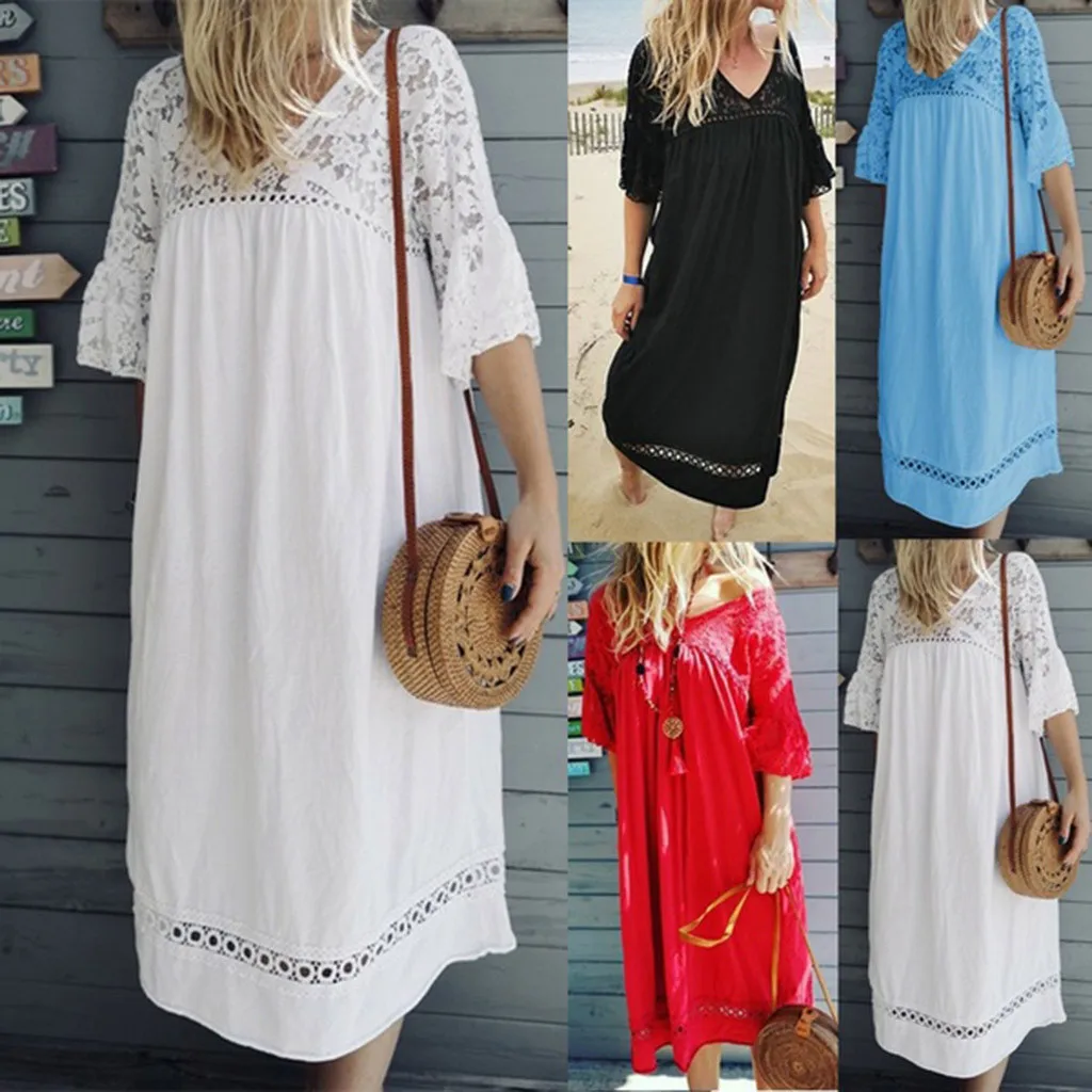 

women's summer dresses Loose Solid Off Shoulder Short Sleeve Party Bodycon Lace Dress Casual large size women's dresses Soft