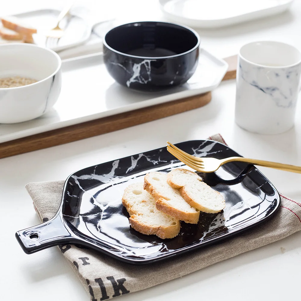 KINGLANG Western Design Ceramic Steak Plate with Wooden Handle Ceramic Marble Dinnerware Collection High Quality Dish Plates