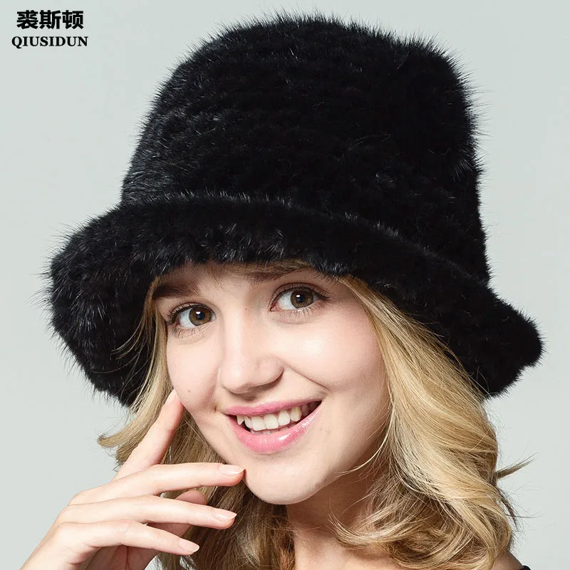 QiuSiDun натуральная норковая вязаная меховая шапка большие карнизы шапки зимние женские теплые Формальные модные шапки s русский мех Повседневная одноцветная шапка