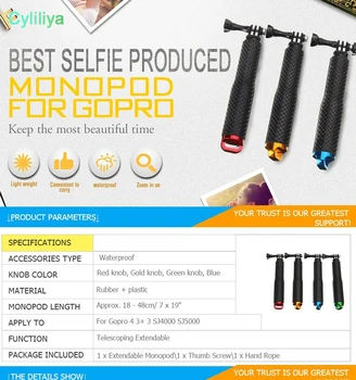 

120pcs 95cm 48cm 4 Colors Waterproof Monopod Selfie Stick Pole Handheld For Gopro Hero 4 3+ 3 2 1 Camera 19-48cm retail package