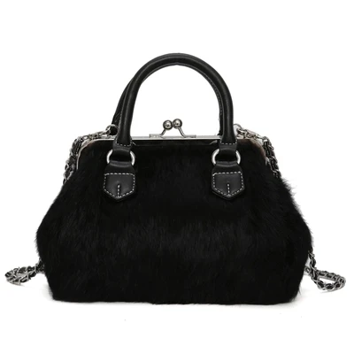 

girl novelty rabbit fur lovely hasp bag small real fur warm pink black chain bag women luxury one shoulder crossbody bag