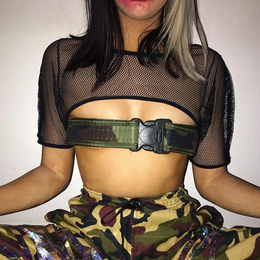

2019 New Summer Sexy Grid Hollow Tops Girl Round Neck Short Fashion Tees Woman Irregular Solid Color Casual T-Shirt Ladies