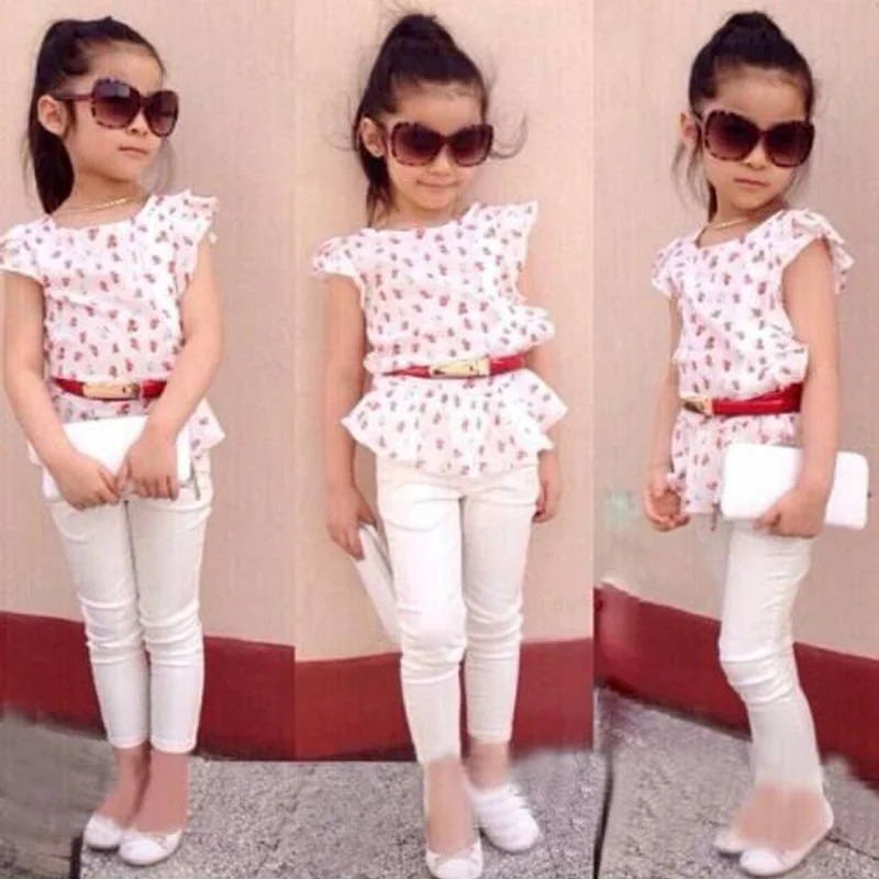 

New Summer Fashion Girls Clothing Sets Baby Kids Clothes Suit Children cotton Sleeveless Flower T-Shirt + white Pants
