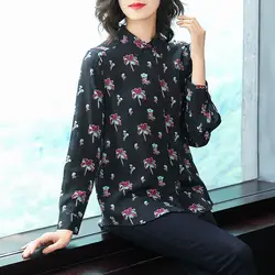 100% шелк печати с длинным рукавом однобортный блузка 2018 Новый отложной воротник для женщин осень рубашки для мальчиков
