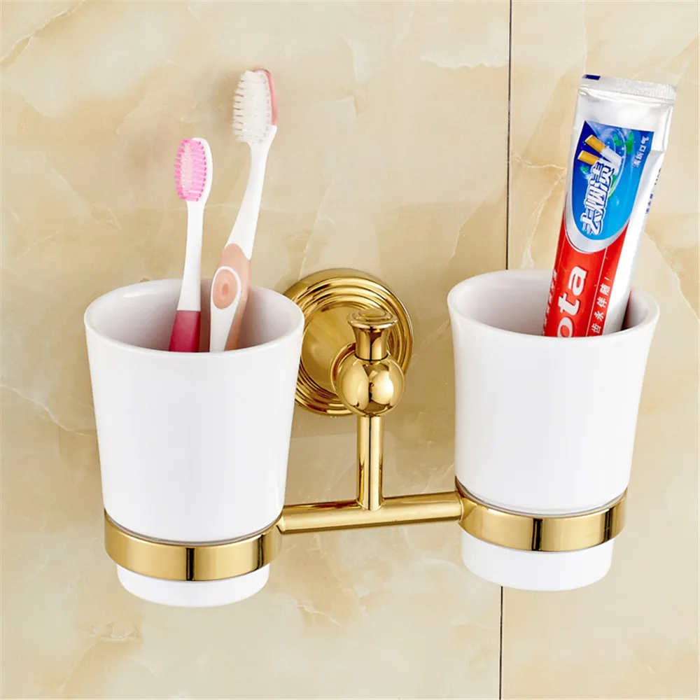 Лейден золотой латуни настенный двойной Зубная щётка держатели с 2 Creamic чашки зуб подстаканники для Аксессуары для ванной комнаты